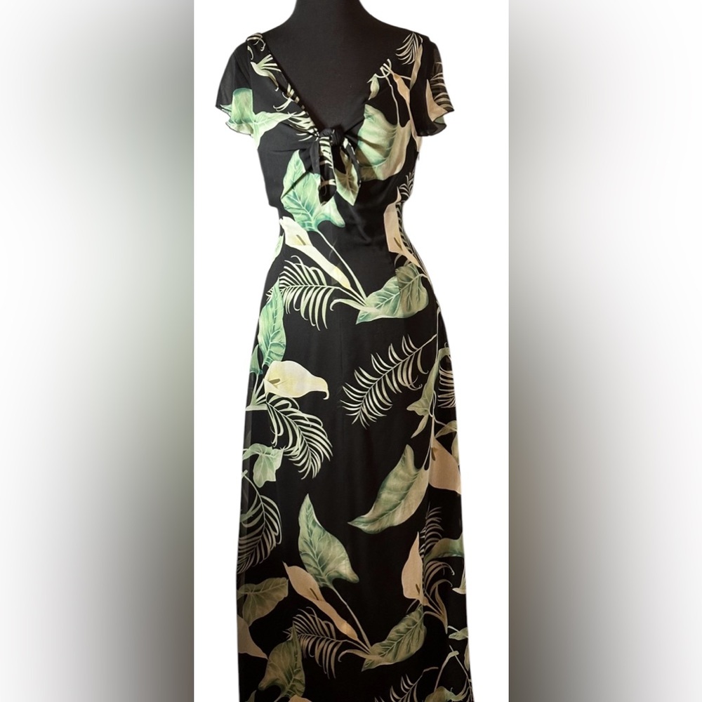 Tommy Bahama Womens 12 Black Green Tropical Leaf Tie Front Silk Maxi Dress